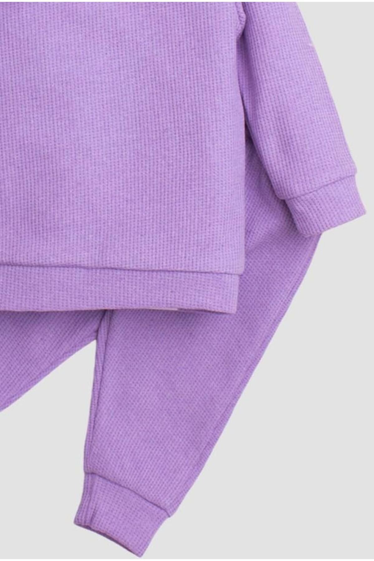 Pamuklu Waffle Kumaş Yaka Detaylı Tatlı Unisex Bebek&çocuk 2'li Alt Üst Eşofman Takım